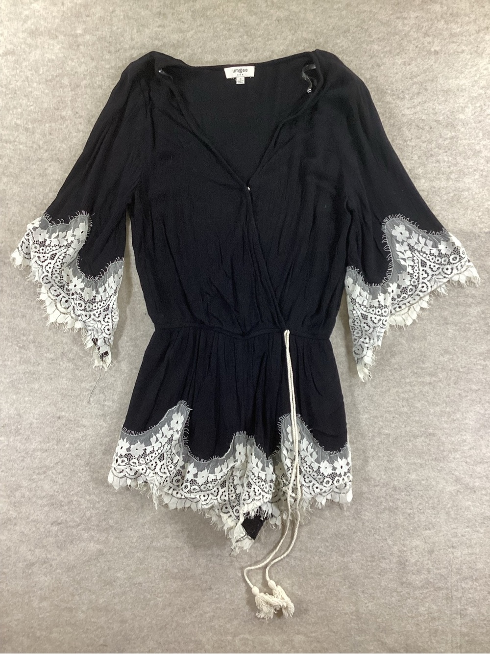 Umgee Black Romper with White Lace Trim